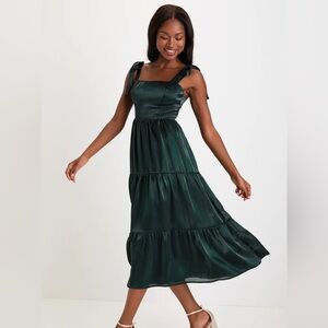 Lulus Desirable Darling Shiny Dark Green Organza Tie-Strap Midi Dress